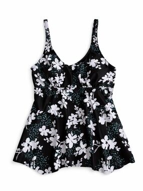 Black Flowy Tankini Top White & Blue Floral Shark Bite Hem – Size Small EUC
